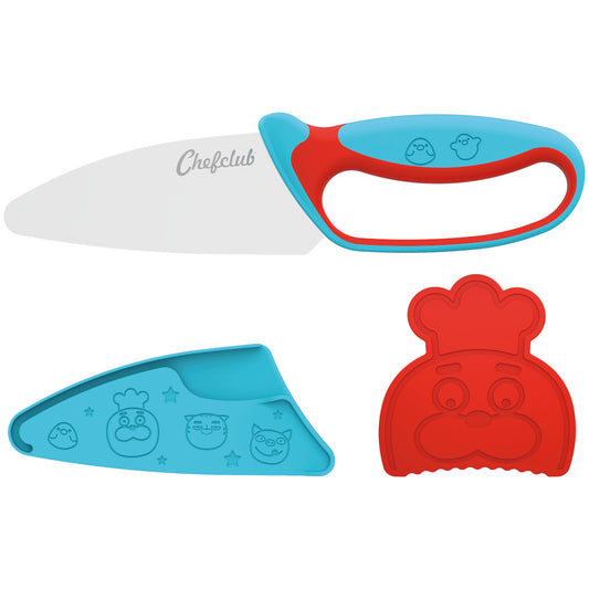 Kindermes met vingerbeschermer, blauw/rood